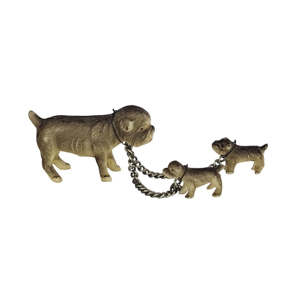 Vintage Celluloid Chained Bulldog Mom With Puppies Miniature Figurines